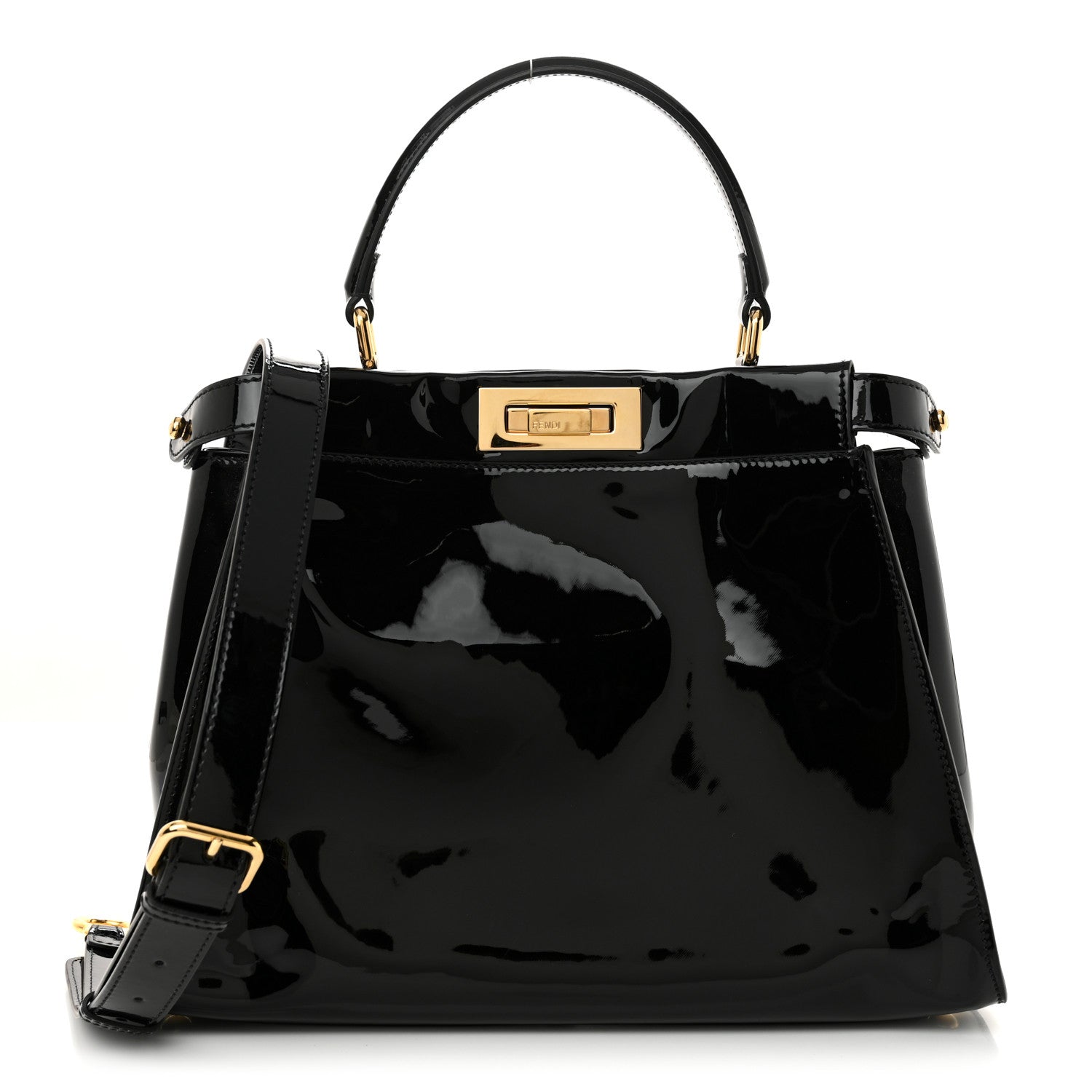 Fendi Patent Glazed Fabric FF 1974 Medium Peekaboo Iconic Defender Satchel Mogano Panna Black 1 of 12