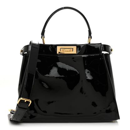 Fendi Patent Glazed Fabric FF 1974 Medium Peekaboo Iconic Defender Satchel Mogano Panna Black 1 of 12