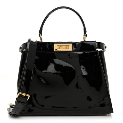 Fendi Patent Glazed Fabric FF 1974 Medium Peekaboo Iconic Defender Satchel Mogano Panna Black 1 of 12