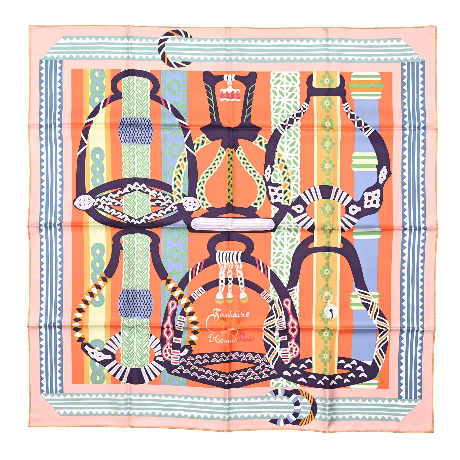 Hermes Silk Fantaisie D’etriers Scarf 90 Rose Abricot Bleu 1 of 5