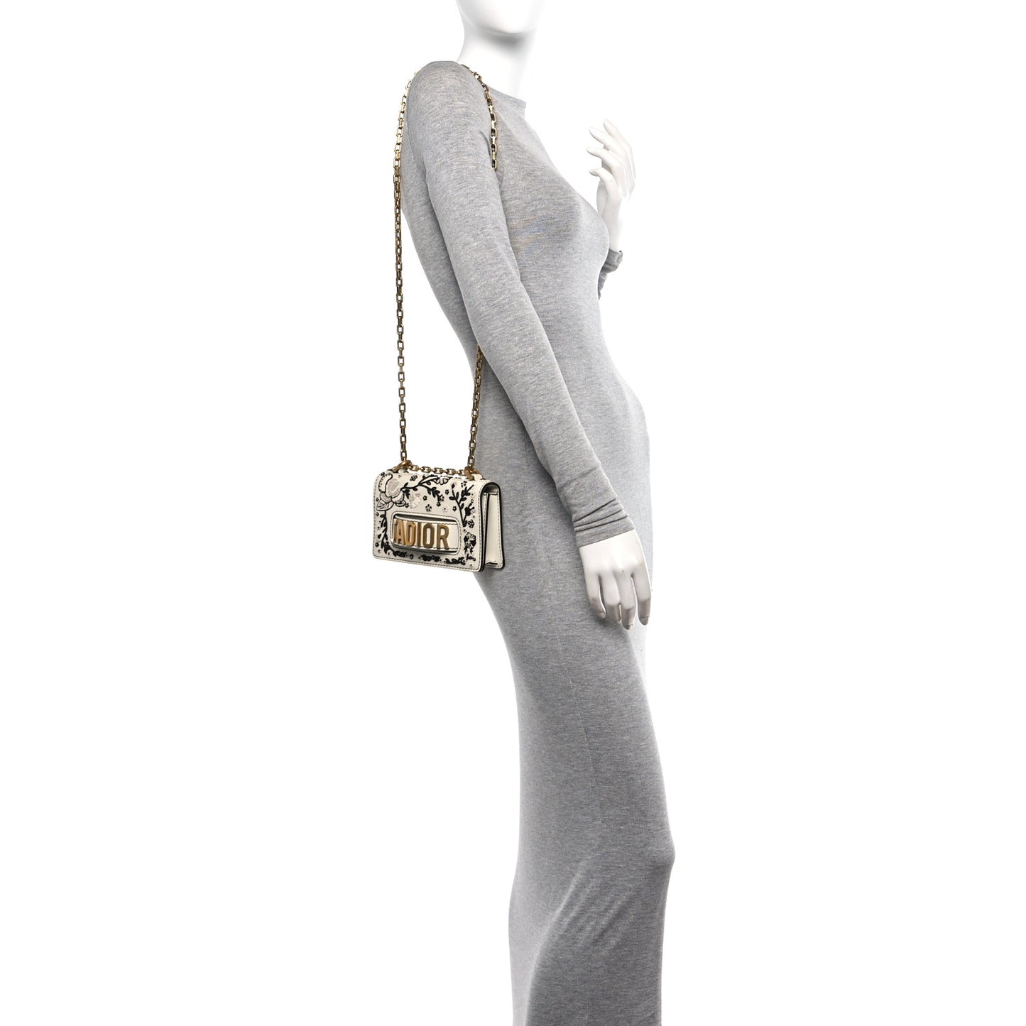 Smooth Calfskin Beaded Embroidered Floral Mini J'Adior Chain Flap Bag White