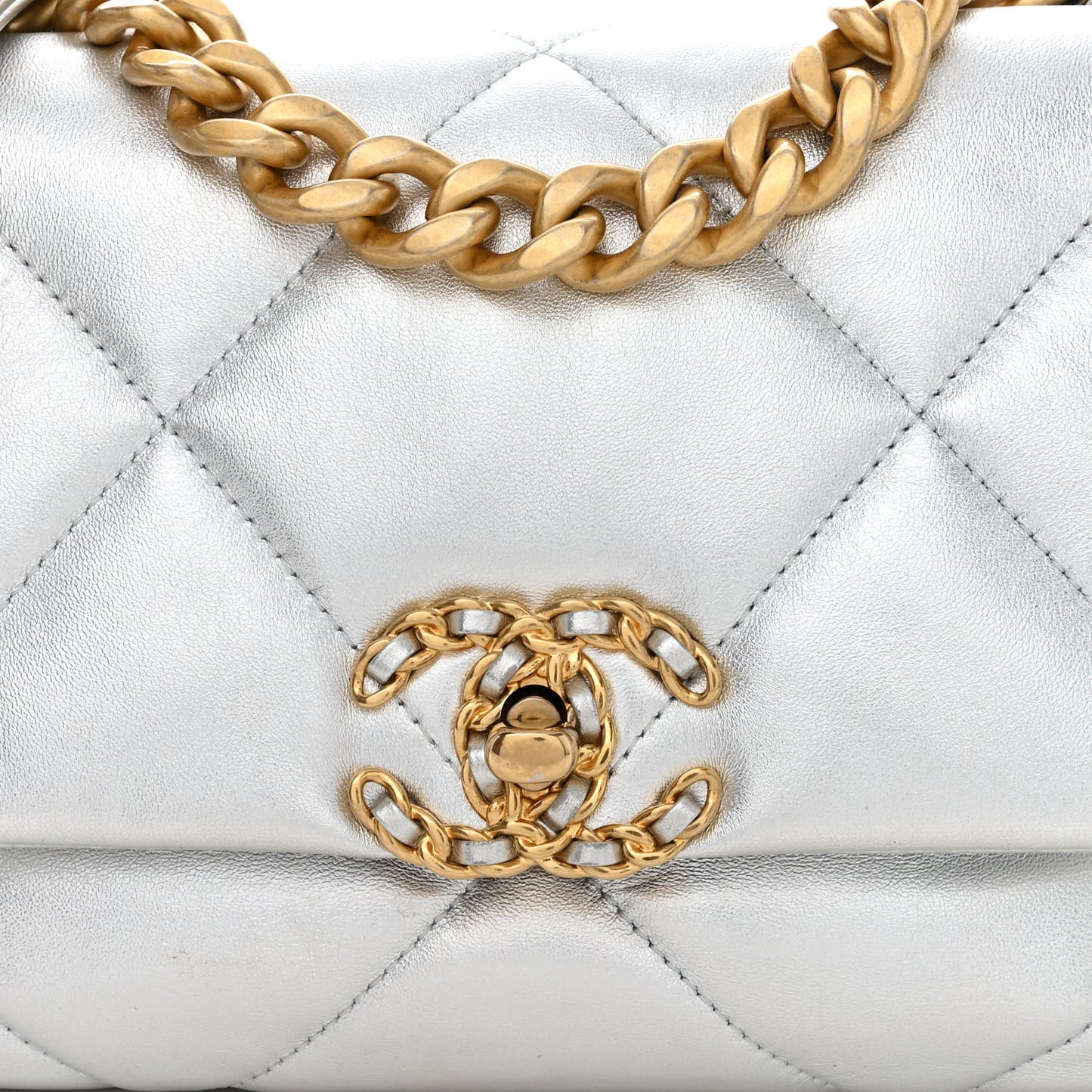 Metallic Lambskin Quilted Medium Chanel 19 Flap Silver