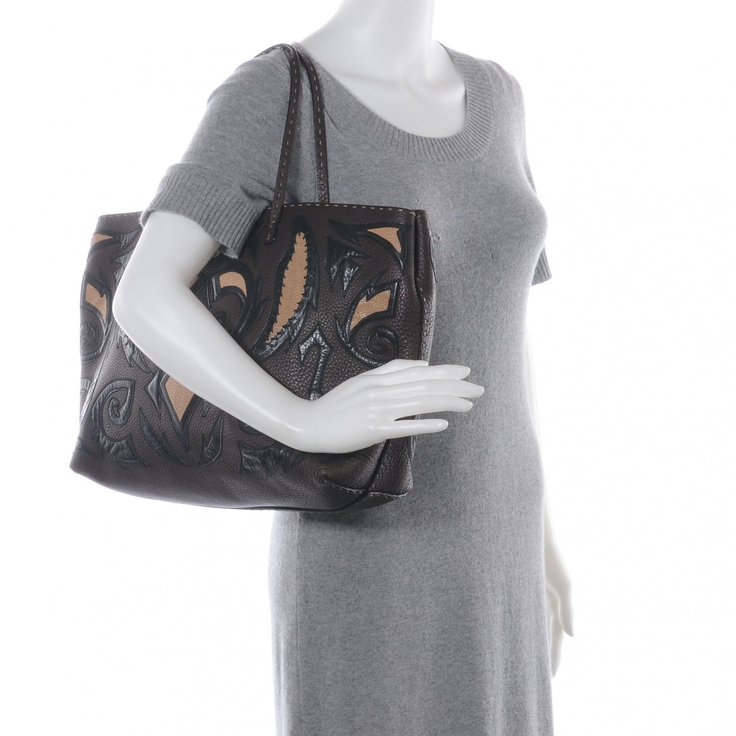 Fendi Calfskin Romano Stingray Selleria Whipstitch Shopper Tote Brown 2 of 7
