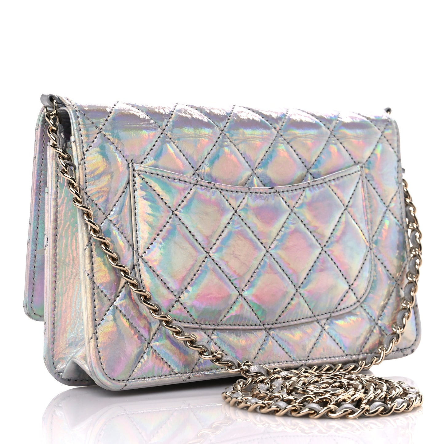 Iridescent Goatskin Quilted Wallet On Chain WOC Silver