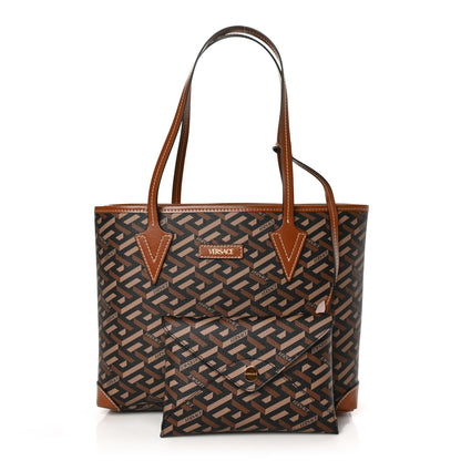 Versace Coated Canvas Calfskin Small La Greca Signature Shopper Tote Bag Black Caramel 1 of 7