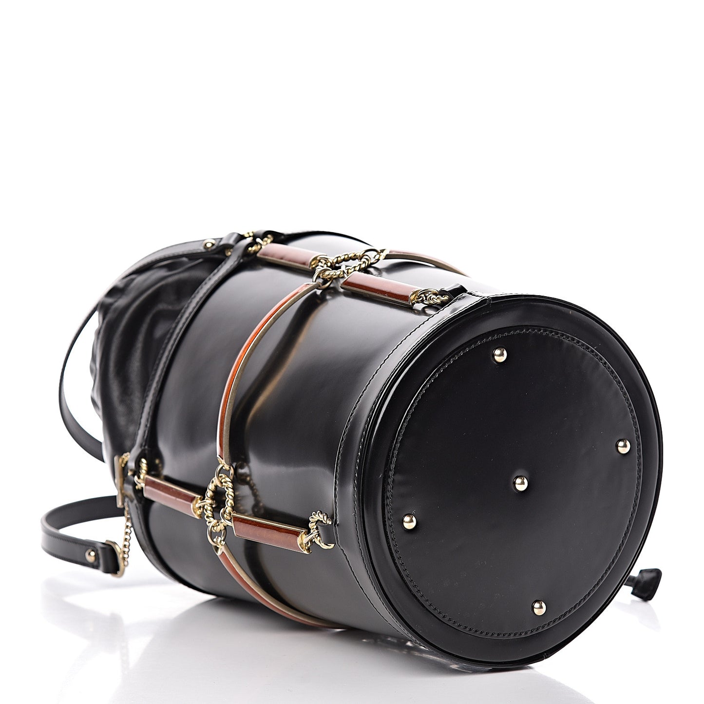 Lambskin Vinyl Enamel Mini Bucket Bag Black Ruggine