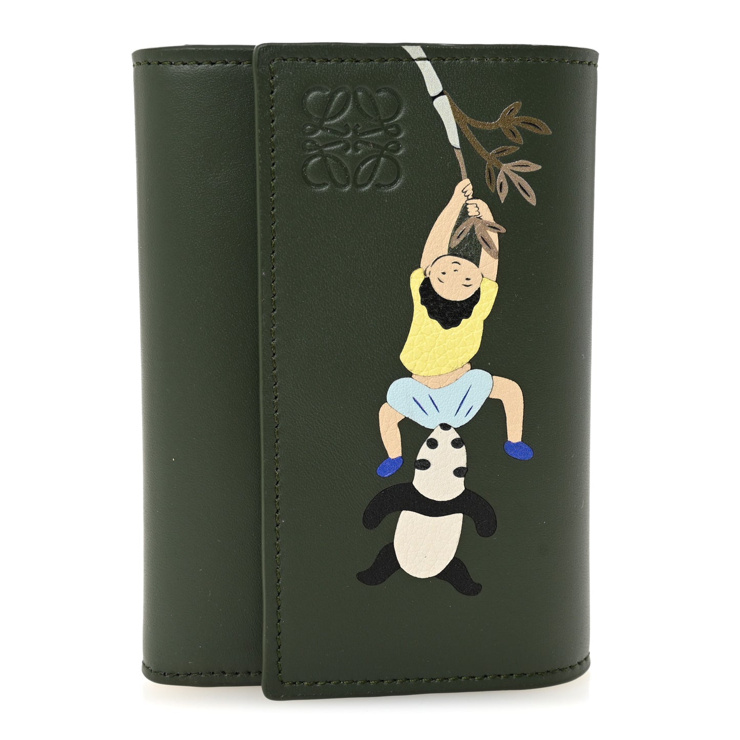 X SUNA FUJITA Satin Calfskin Panda Trifold Wallet Bottle Green