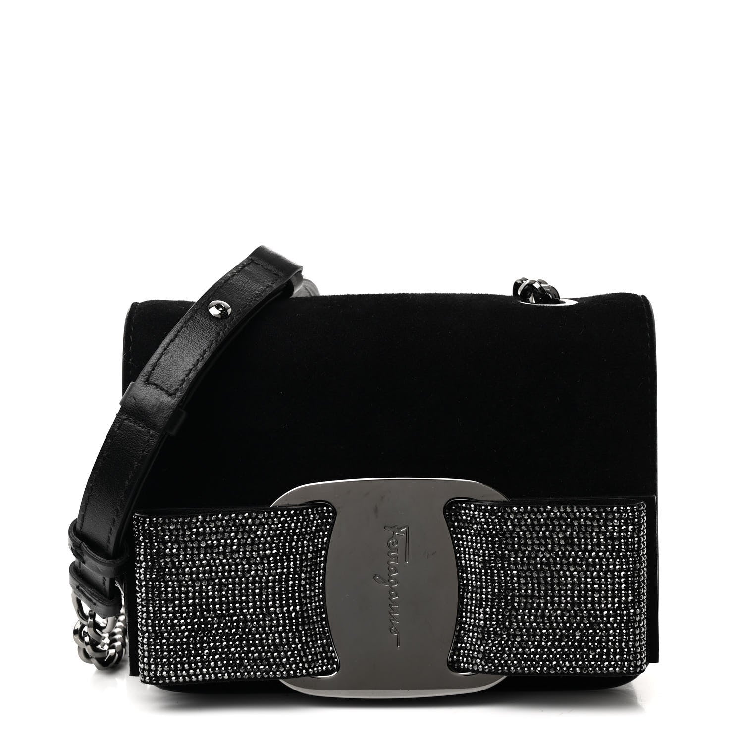 Salvatore Ferragamo Suede Crystal Mini Vara Bow Crossbody Bag Black 1 of 10