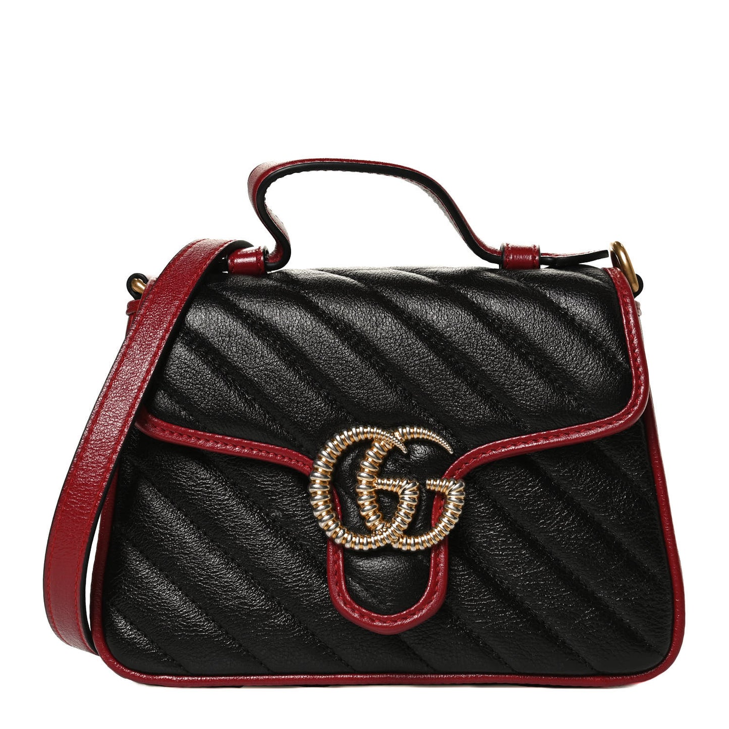 Vintage Effect Calfskin Matelasse Diagonal Mini Torchon GG Marmont Top Handle Shoulder Bag Black Romantic Cherry