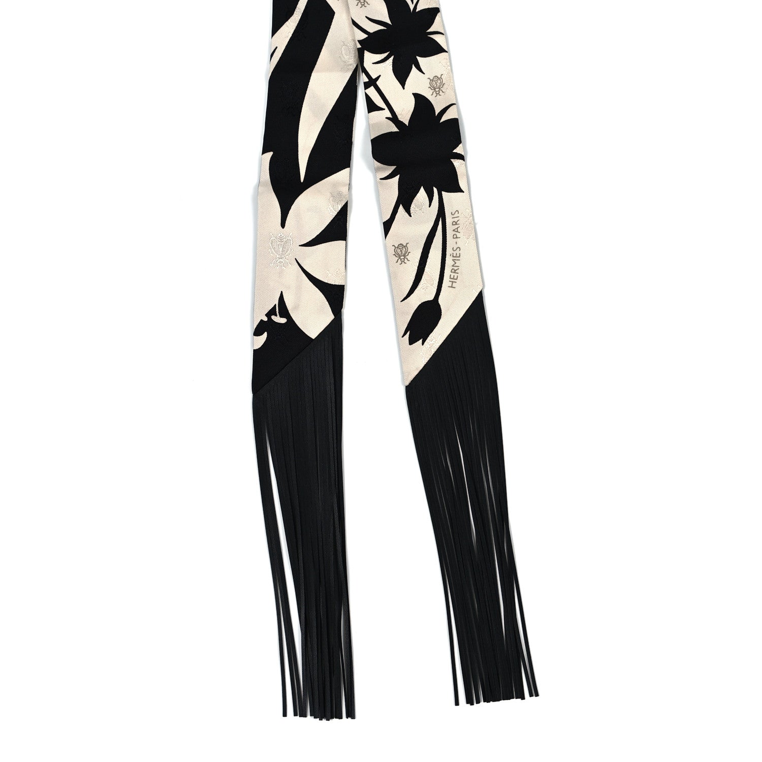 Hermes Silk Calfskin Bouquet Final Fringed Twilly Creme Black 1 of 3