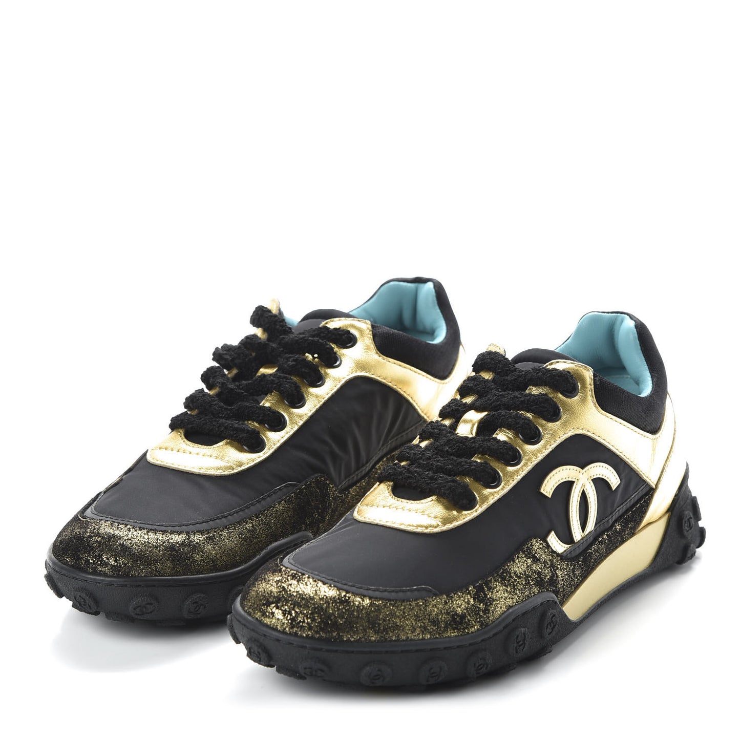 Metallic Lambskin Satin Finish Womens CC Sneakers 36 Black Gold