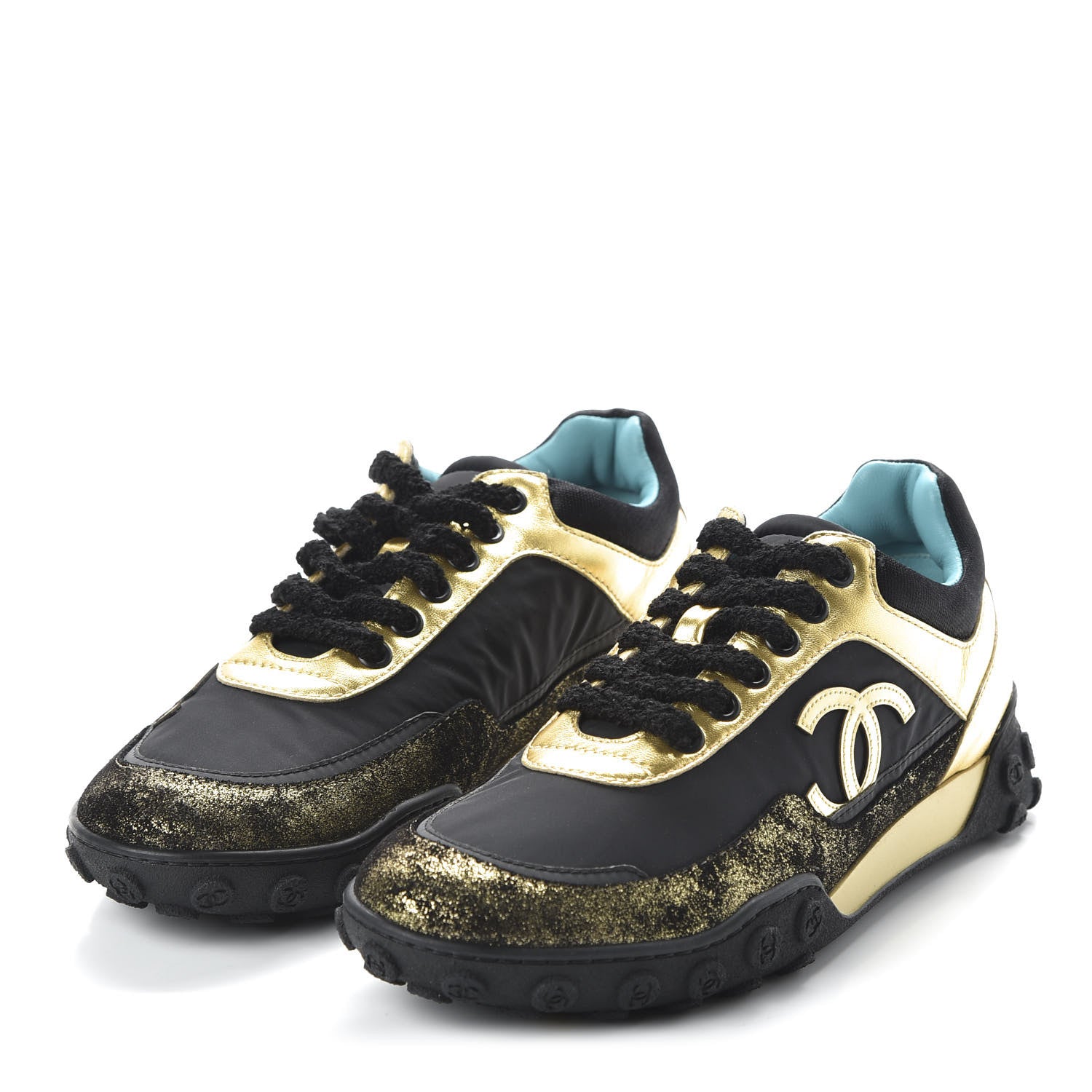 Chanel Metallic Lambskin Satin Finish Womens CC Sneakers 36 Black Gold 3 of 9