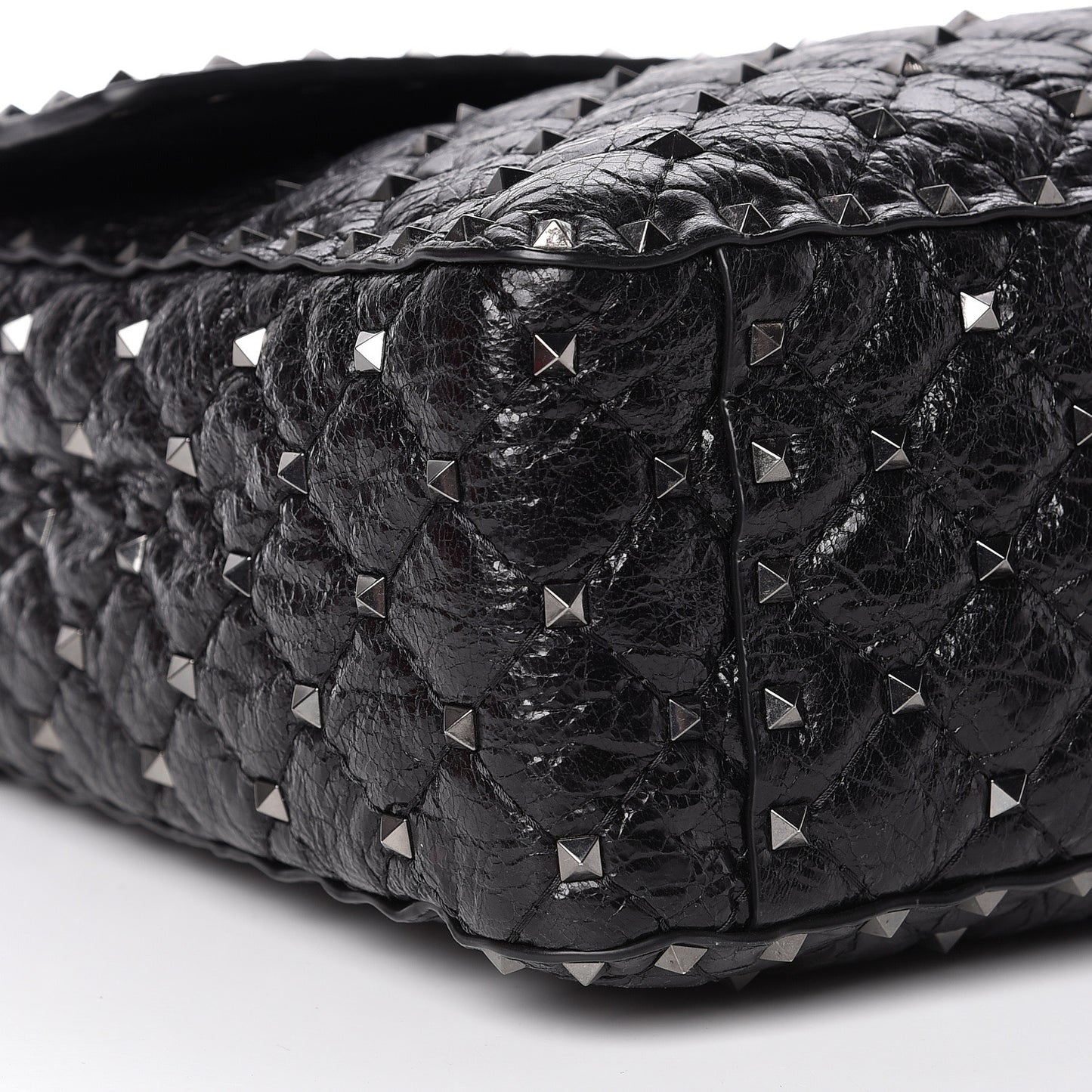 Craquele Nappa Large Rockstud Spike Shoulder Bag Black