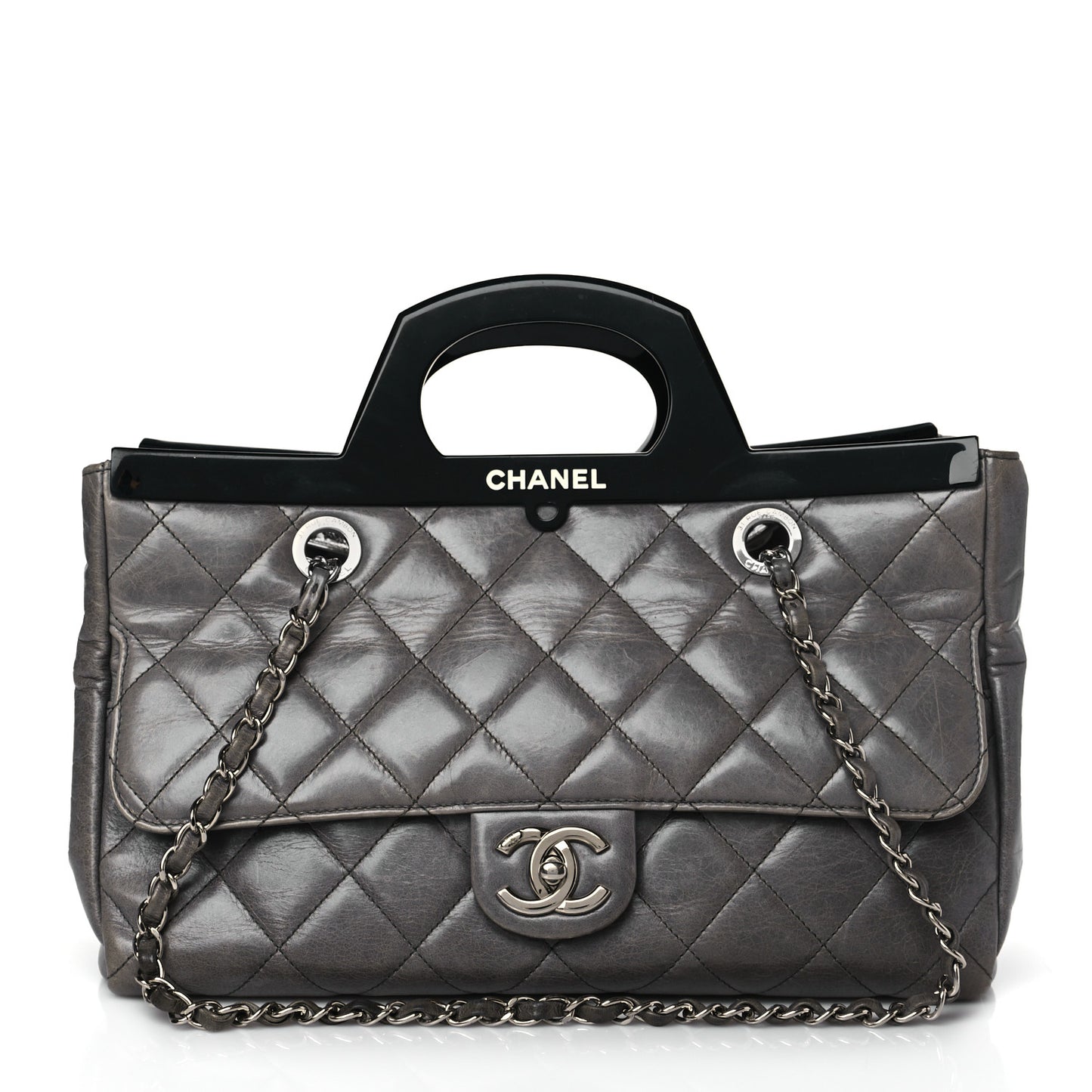 Glazed Calfskin Quilted Small CC Delivery Tote Grey