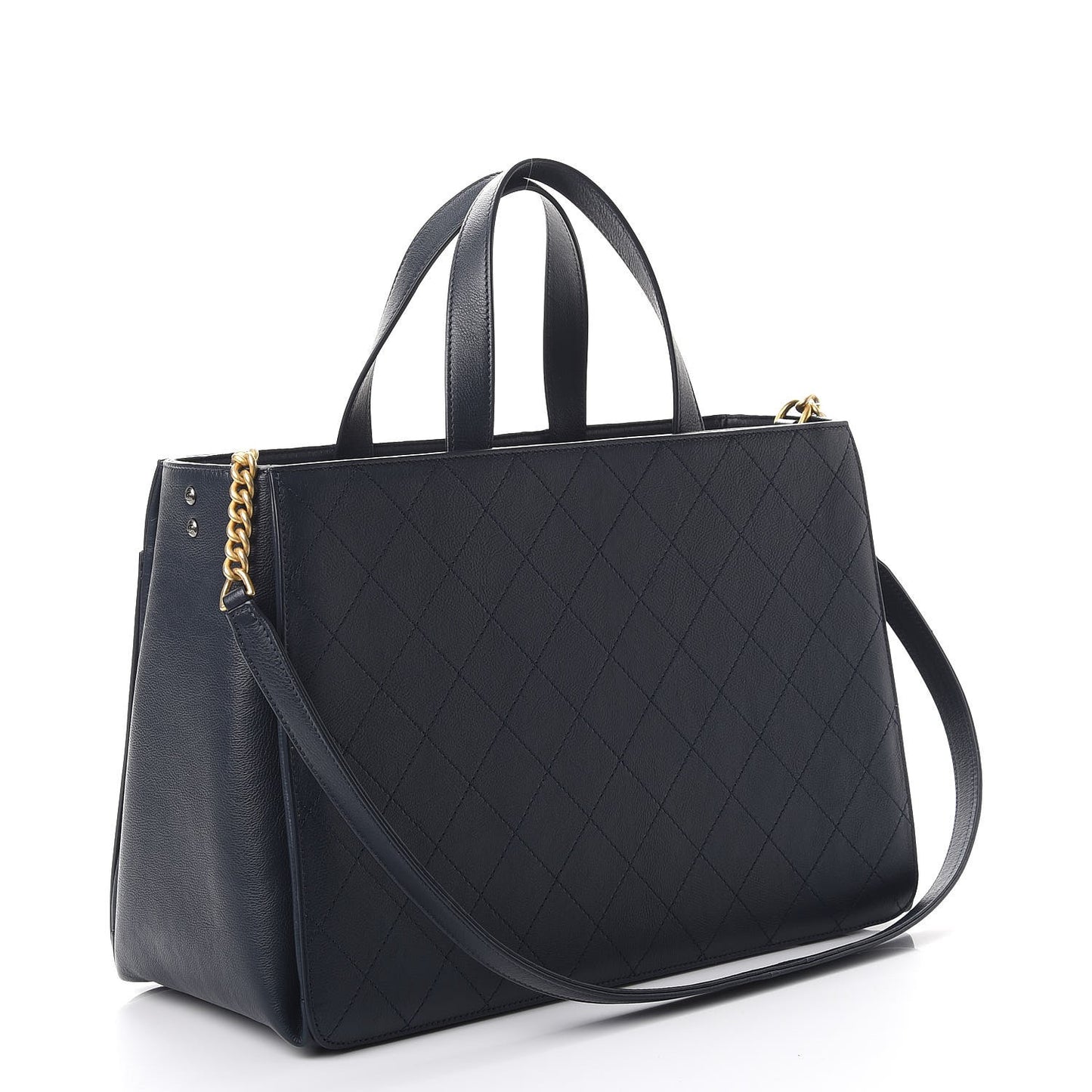 Calfskin Stitched Large Straight Lines Shopping Tote Navy