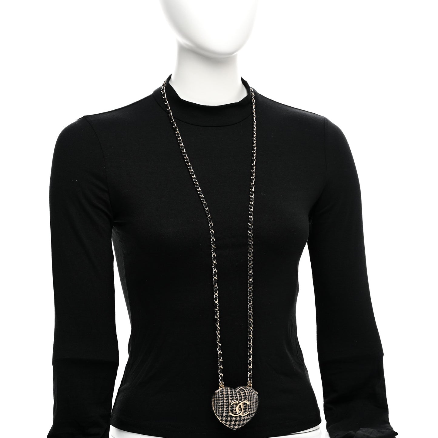 Tweed Lambskin CC Heart Locket Necklace Gold Black Beige