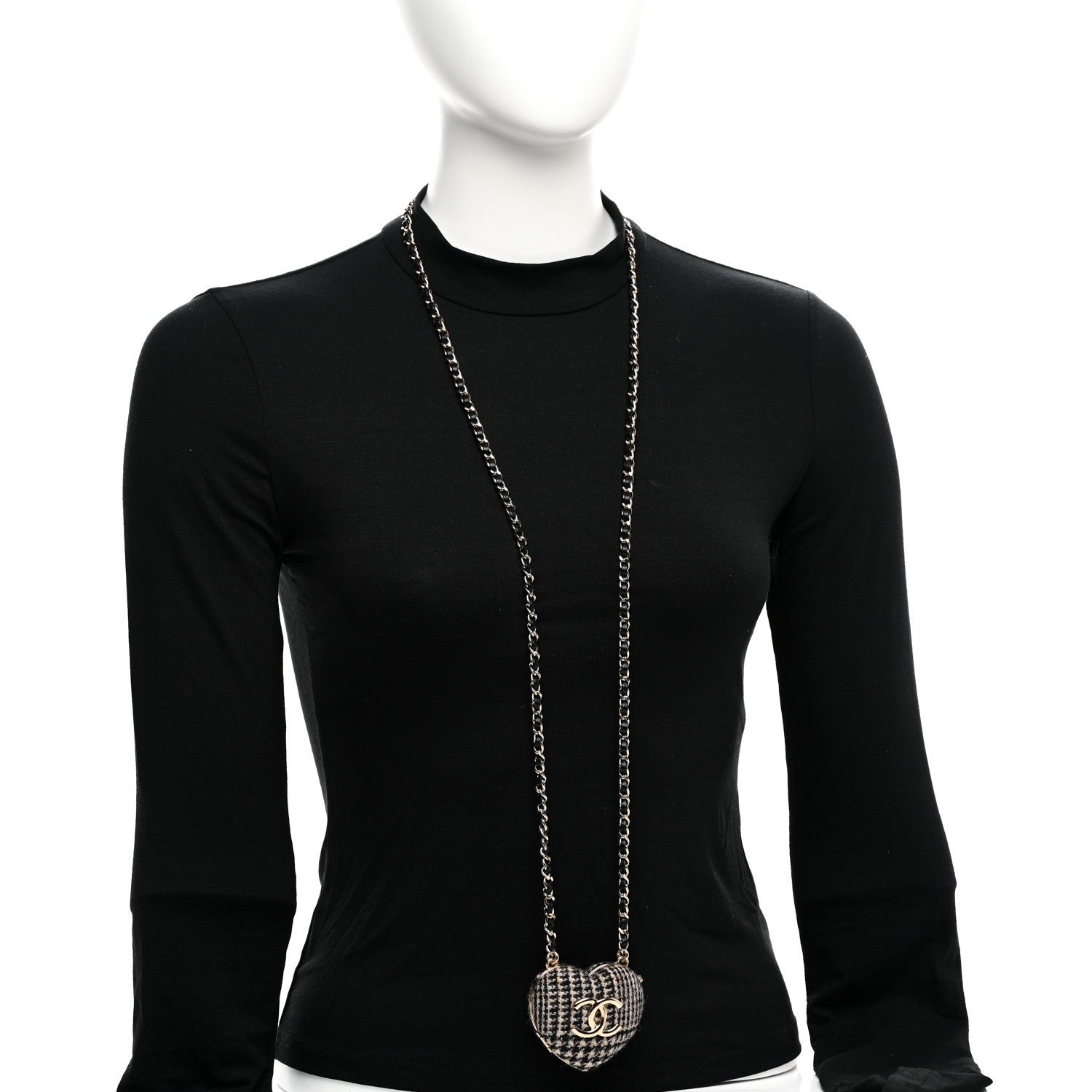 Chanel Tweed Lambskin CC Heart Locket Necklace Gold Black Beige 2 of 7