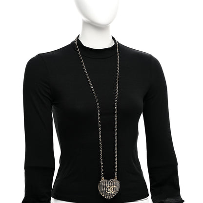Chanel Tweed Lambskin CC Heart Locket Necklace Gold Black Beige 2 of 7