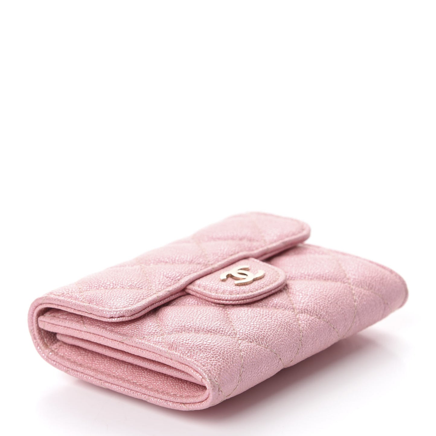 Iridescent Caviar Flap Quilted Card Holder Wallet Pink