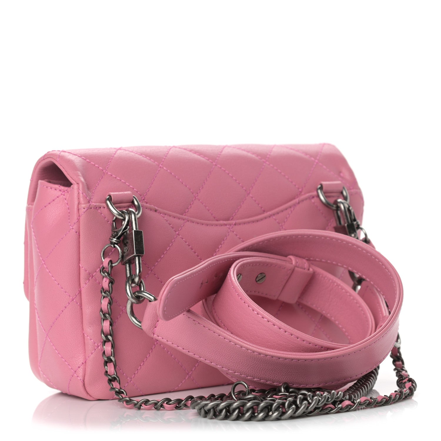 Chanel Shiny Goatskin Quilted Small Double Carry Waist Chain Flap Pink 3 of 9