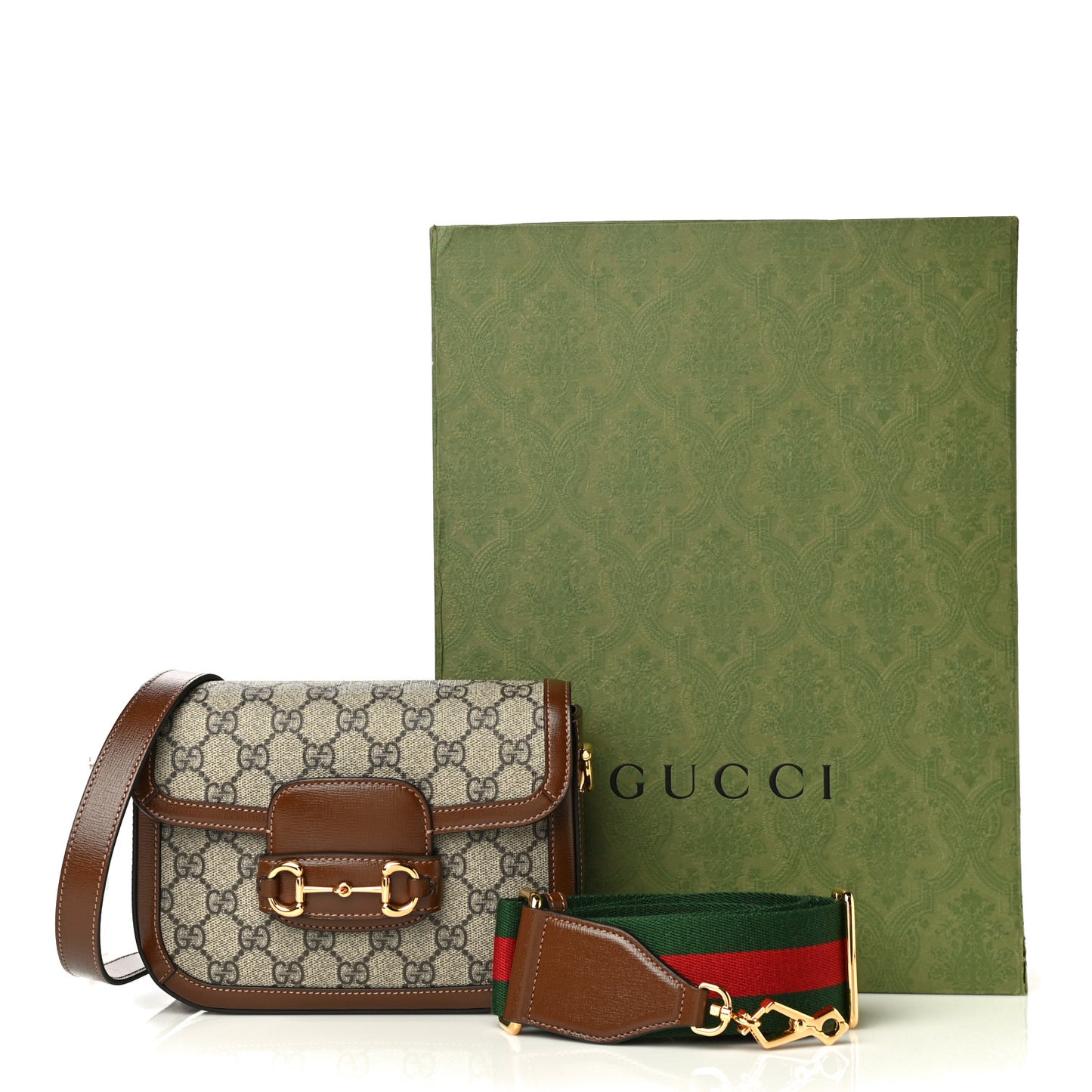GG Supreme Monogram Web Mini Horsebit 1955 Shoulder Bag Beige Brown Sugar