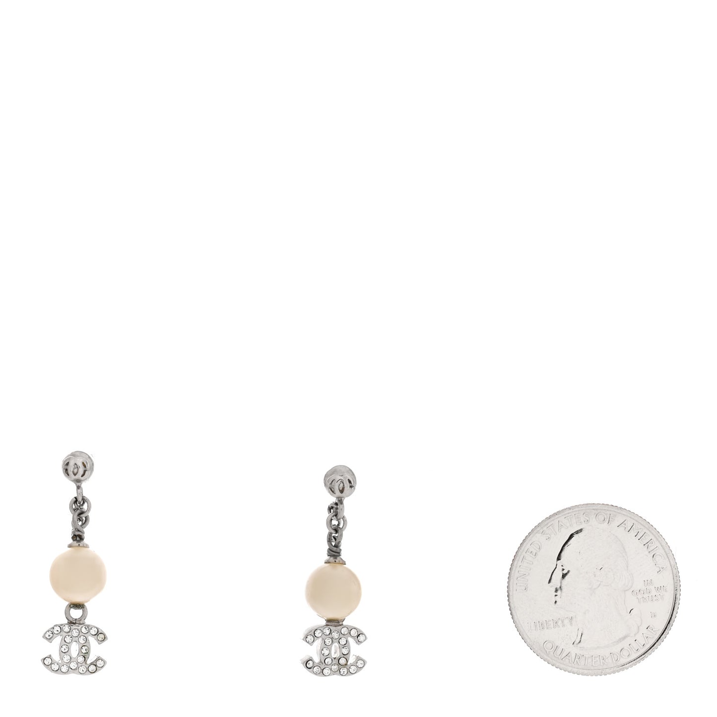 Crystal Pearl CC Drop Chain Earrings Silver