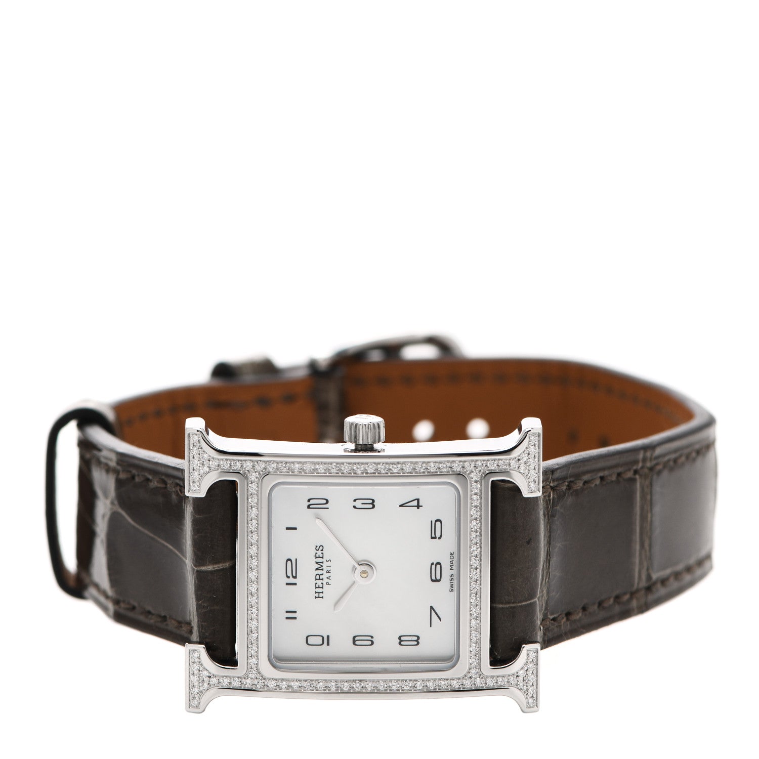 Hermes Stainless Steel Alligator Diamond Bezel Mother of Pearl 21mm Heure H Hour Quartz Watch Gris Elephant 2 of 5