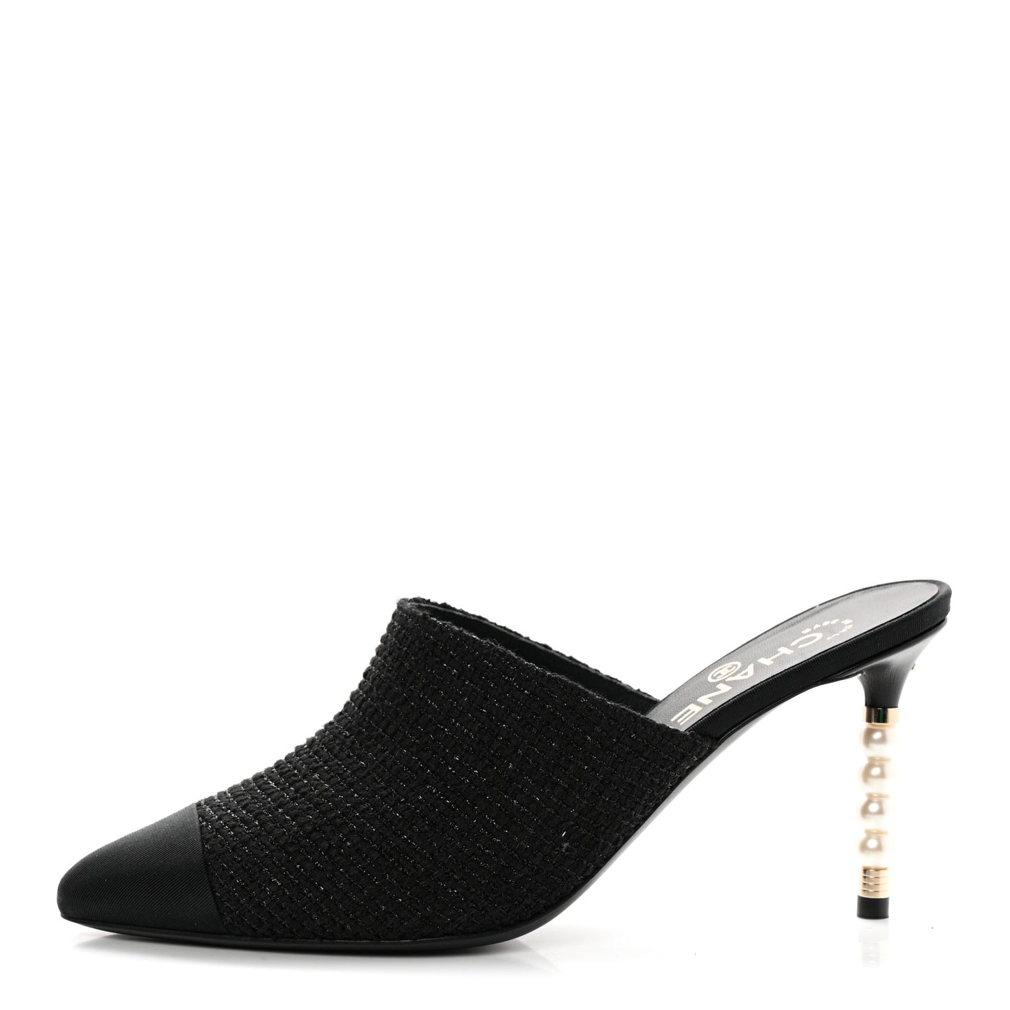Tweed Grosgrain Cap Toe Pearl Mule 38.5 Black