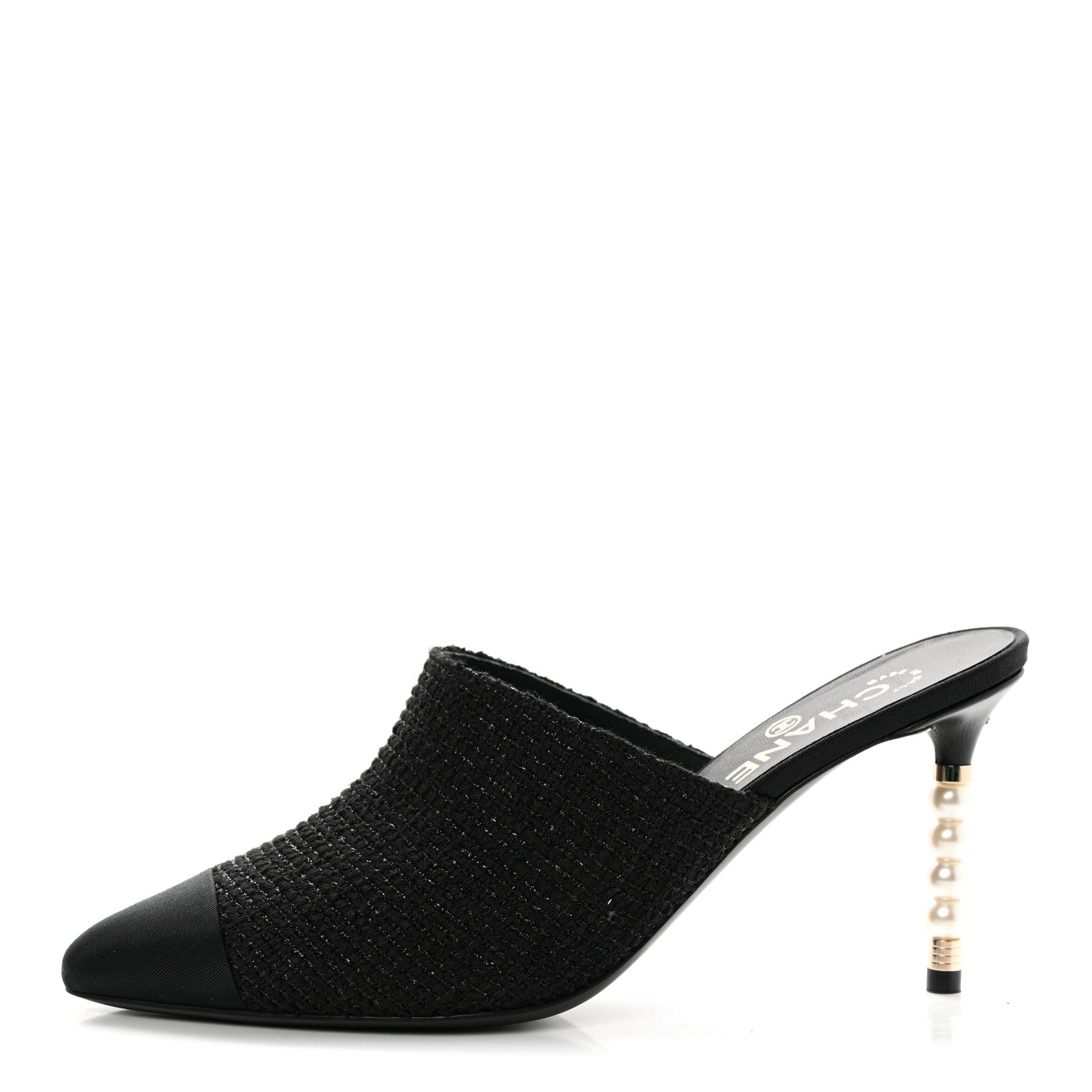 Chanel Tweed Grosgrain Cap Toe Pearl Mule 38.5 Black 1 of 11