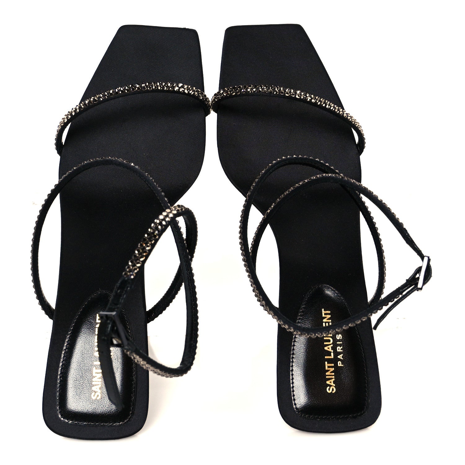 Saint Laurent Crepe Satin Strass Baliqua 55 Ankle Strap Sandals 38.5 Black Greige 2 of 10