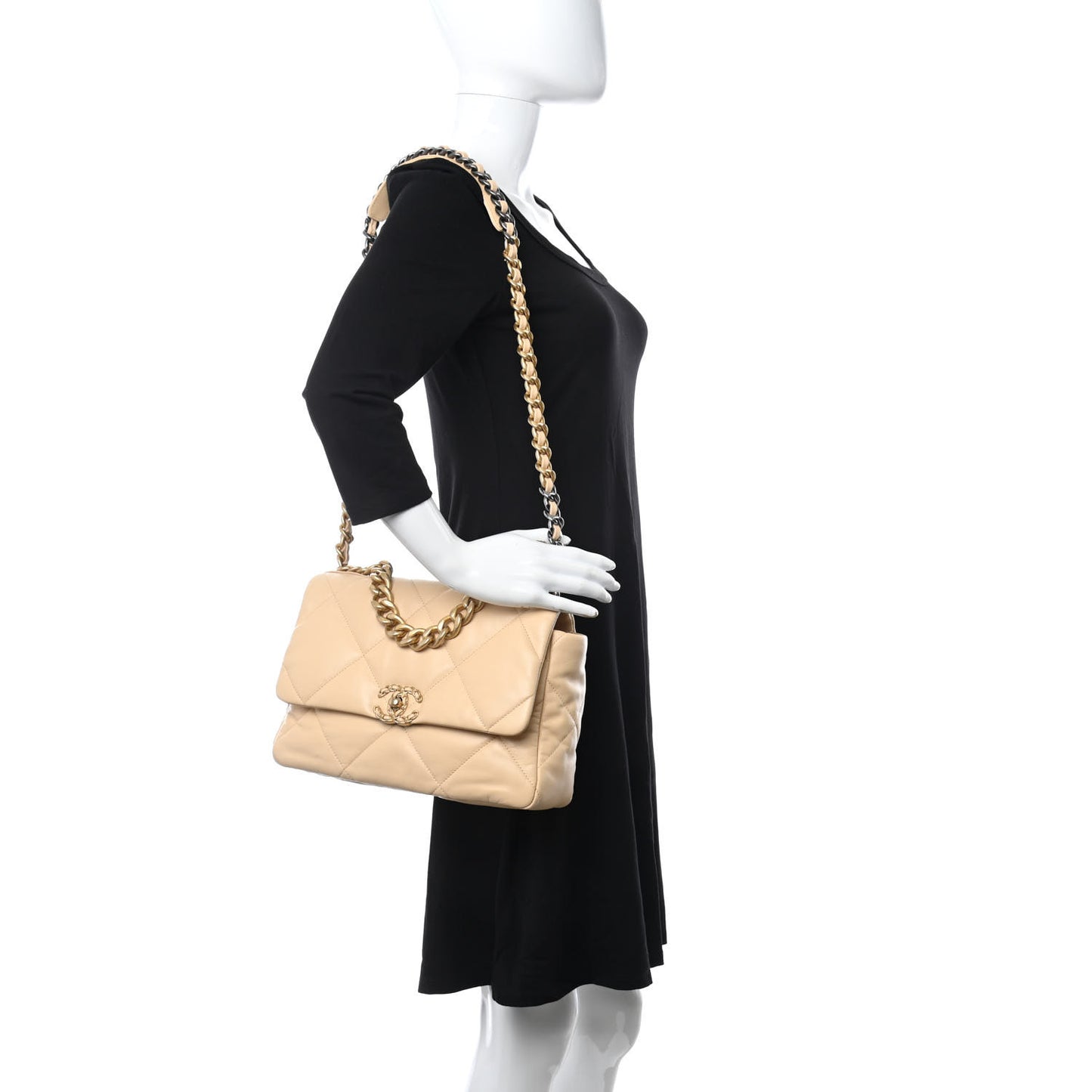 Shiny Goatskin Quilted Large Chanel 19 Flap Beige
