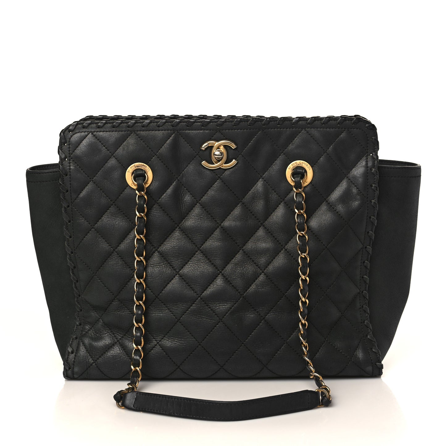 Iridescent Calfskin Quilted Happy Stitch Shopping Tote Black