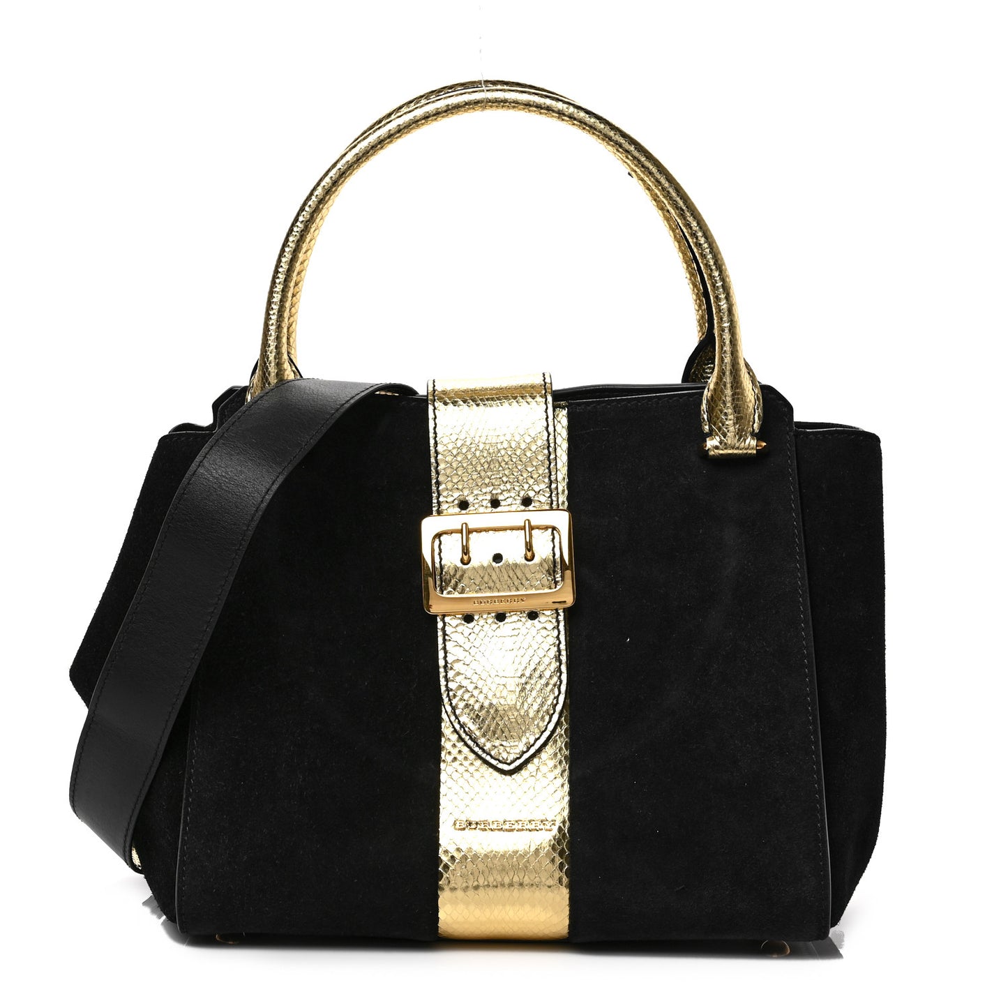 Suede Calfskin Watersnake Medium Buckle Tote Black Gold