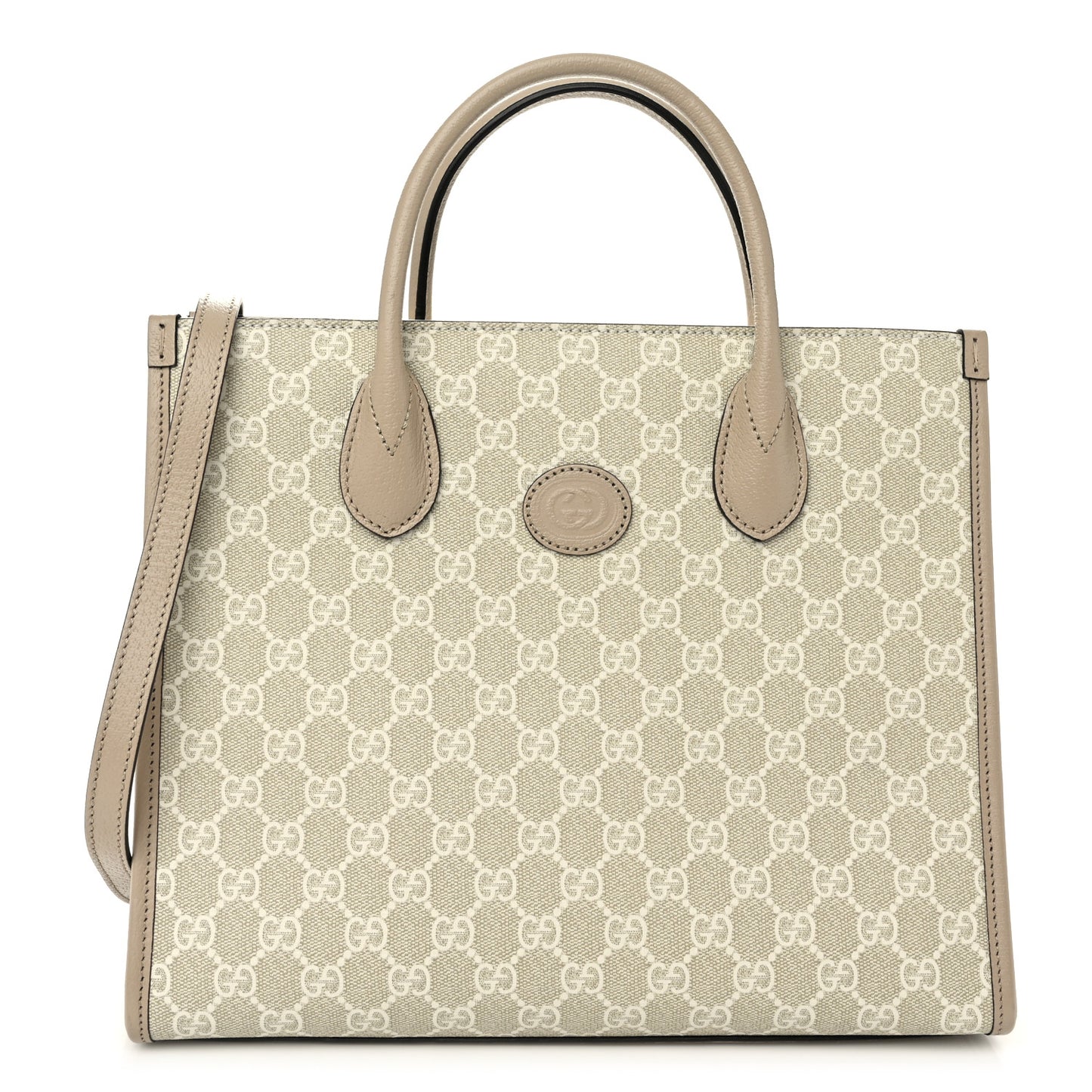 GG Supreme Monogram Textured Dollar Calfskin Small Retro Interlocking G Tote Bag Beige Mystic White Oatmeal