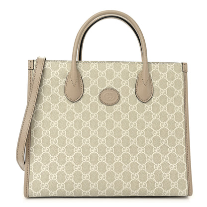 Gucci GG Supreme Monogram Textured Dollar Calfskin Small Retro Interlocking G Tote Bag Beige Mystic White Oatmeal 1 of 10