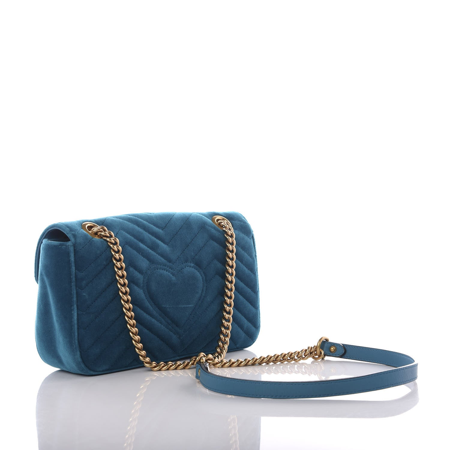 Gucci Velvet Matelasse Small GG Marmont Shoulder Bag Pavone Cyan 2 of 9