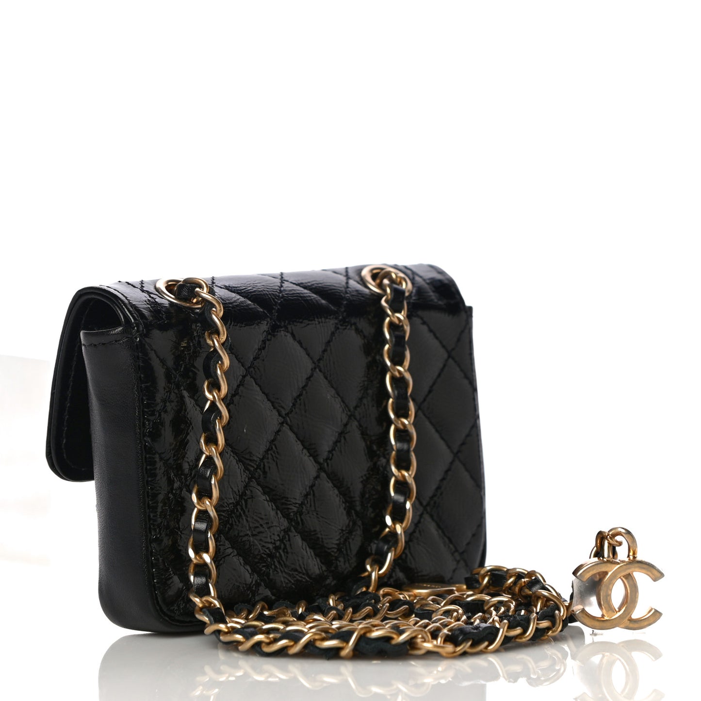 Shiny Aged Calfskin Quilted Waist Belt Bag Black