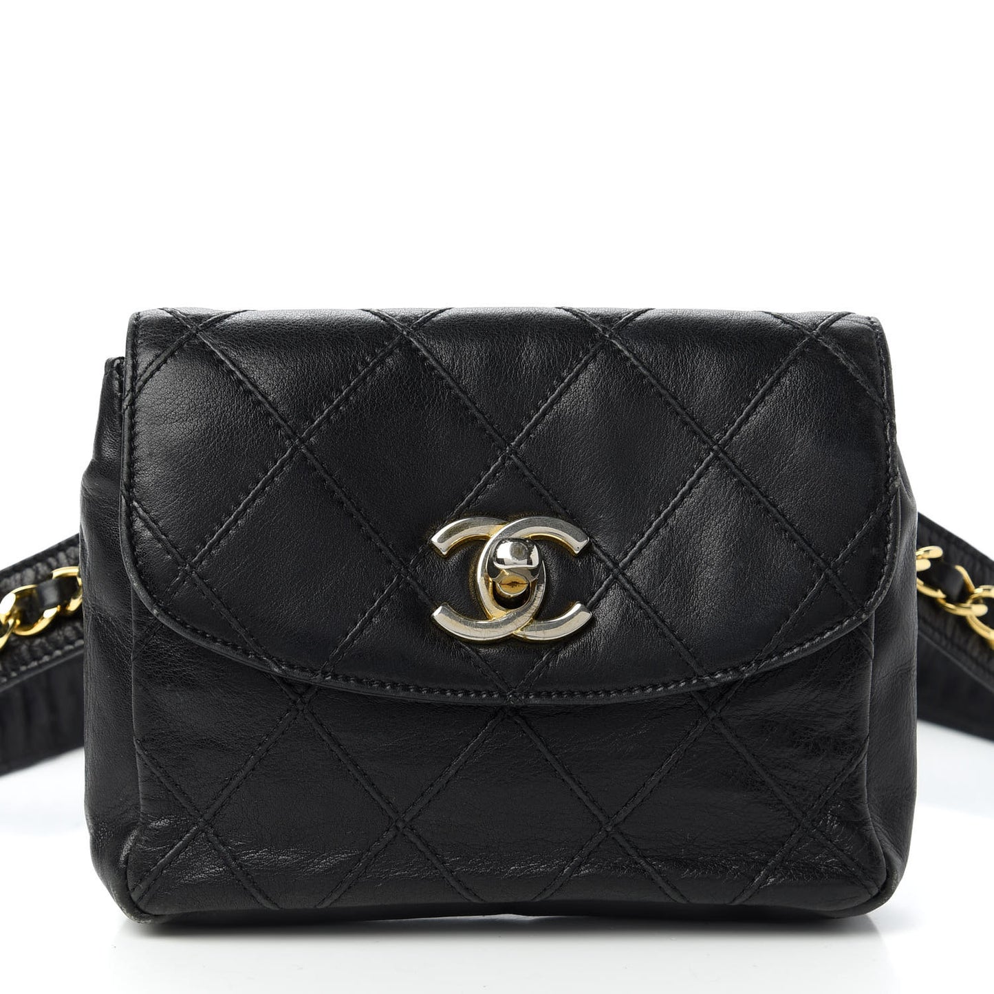 Calfskin Diamond Embossed Flap Waist Belt Bag Black