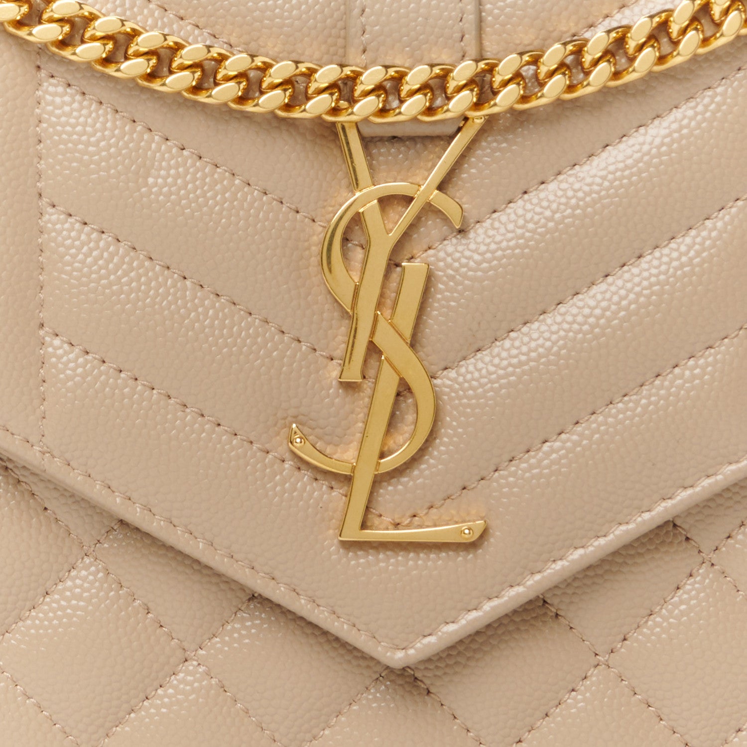 Saint Laurent Grain De Poudre Mixed Matelasse Triquilt Monogram Chain Wallet Dark Beige 8 of 10