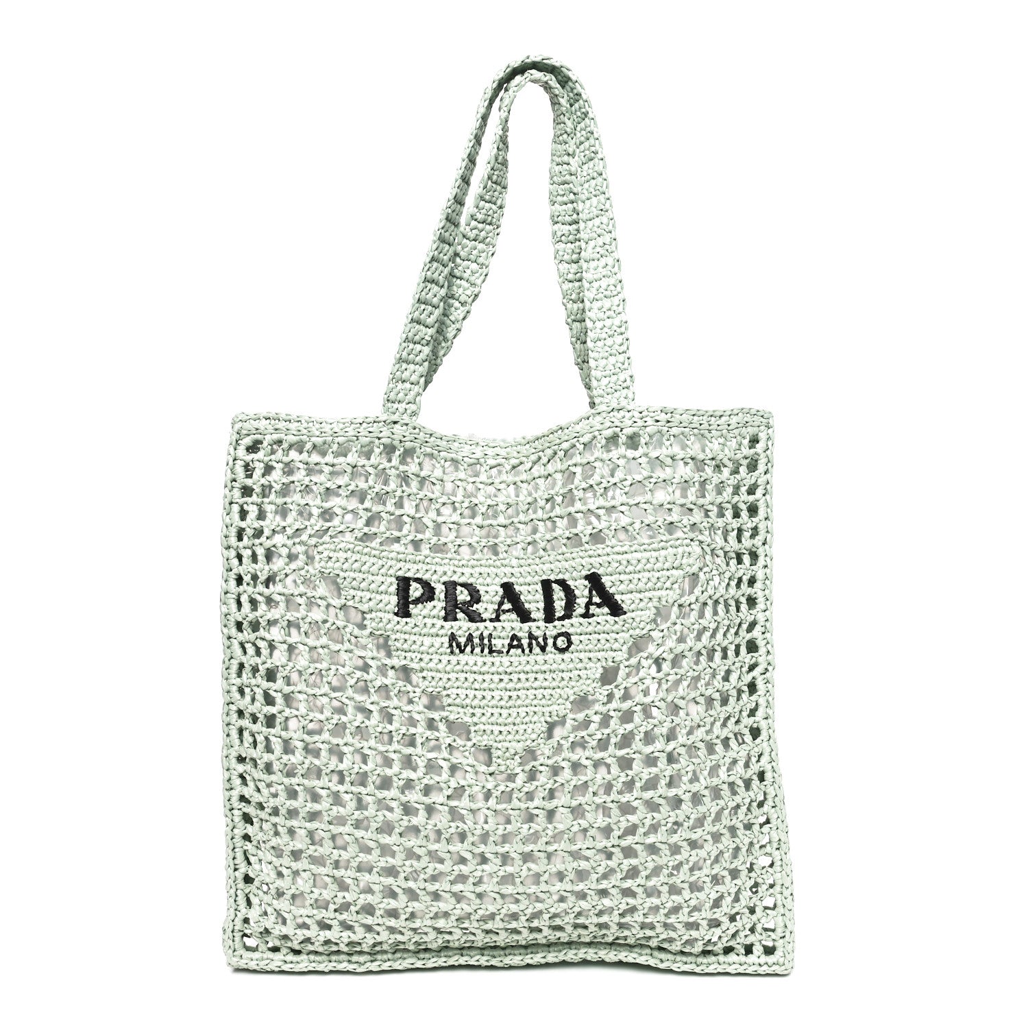 Prada Yarn Raffia Effect Crochet Logo Embroidered Tote Bag Acqua 1 of 8