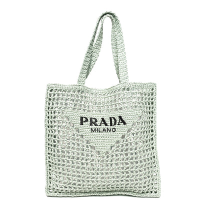 Prada Yarn Raffia Effect Crochet Logo Embroidered Tote Bag Acqua 1 of 8