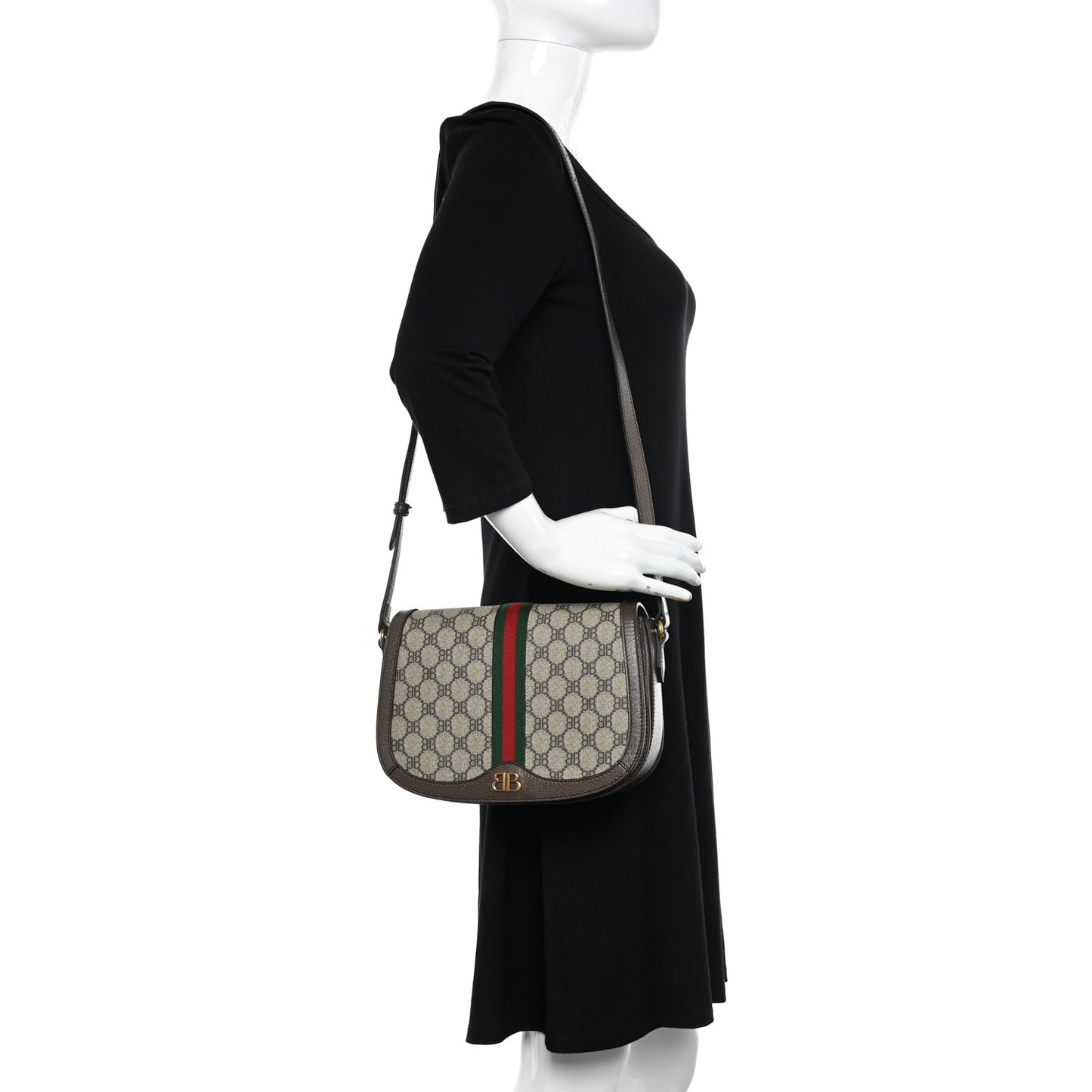 X BALENCIAGA BB Supreme Monogram Web Small Ophidia Shoulder Bag Beige New Acero