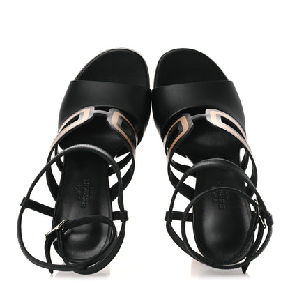 Hermes Calfskin Klara 100 Wedge Sandals 35 Black Natural 2 of 13