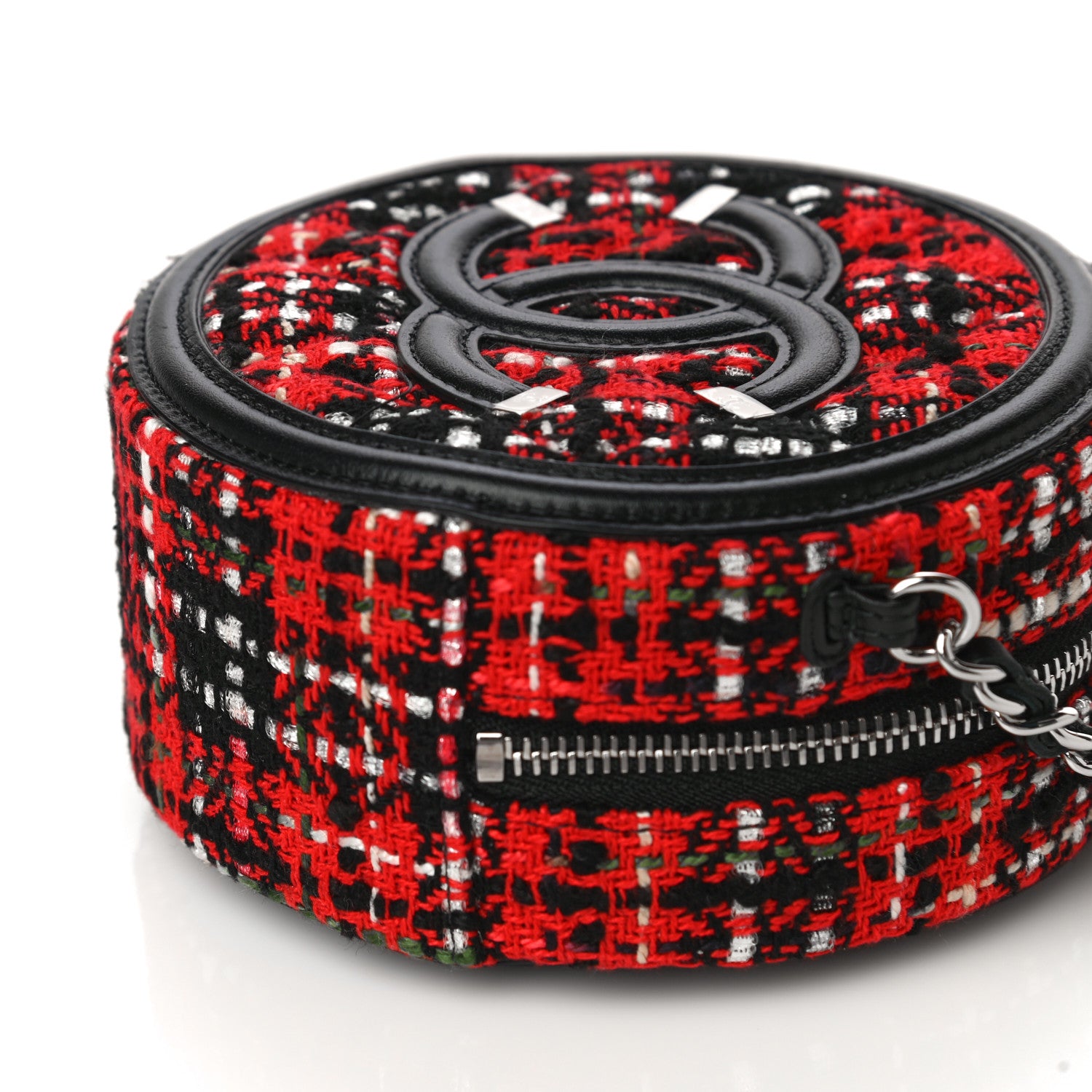 Chanel Tweed Quilted Round Filigree Clutch With Chain Red Black 11 of 13