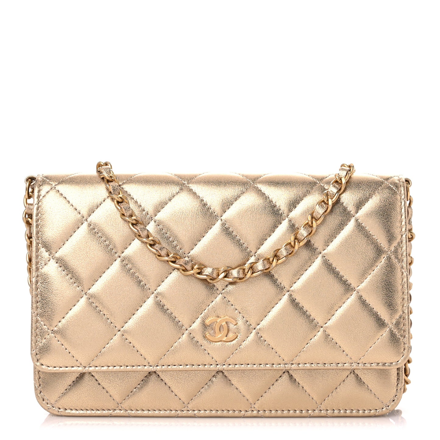 Metallic Lambskin Quilted Wallet On Chain WOC Gold