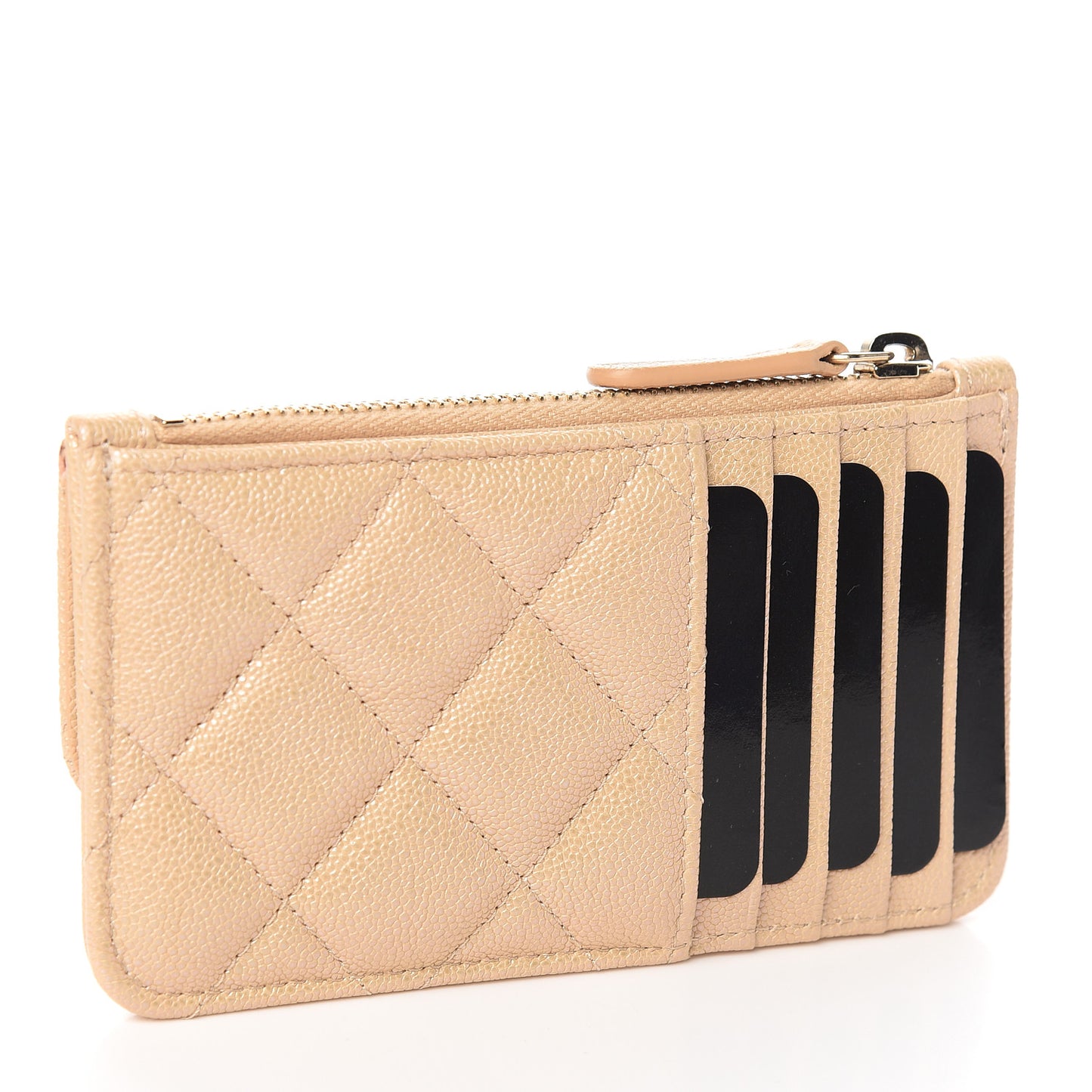 Iridescent Caviar Quilted Flap Zip Card Holder Beige
