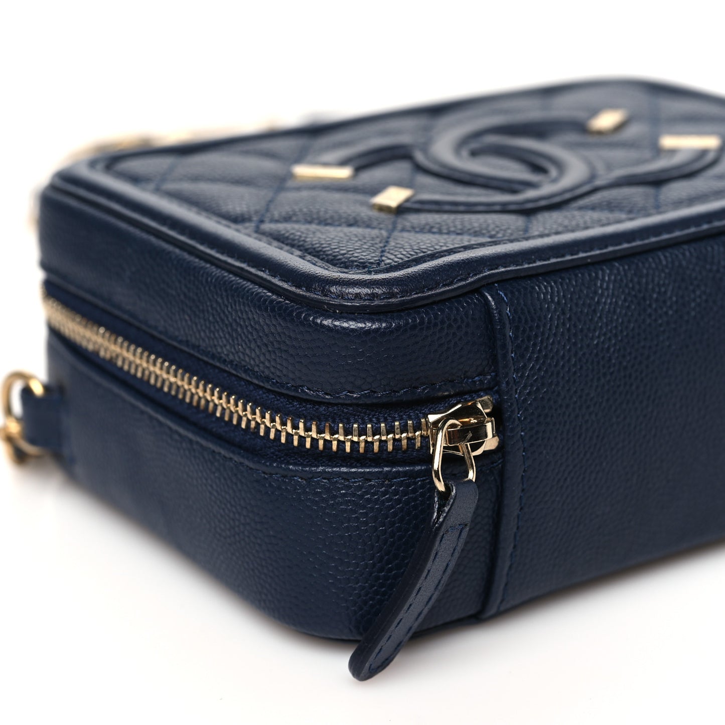 Caviar Quilted CC Filigree Vanity Clutch With Chain Navy