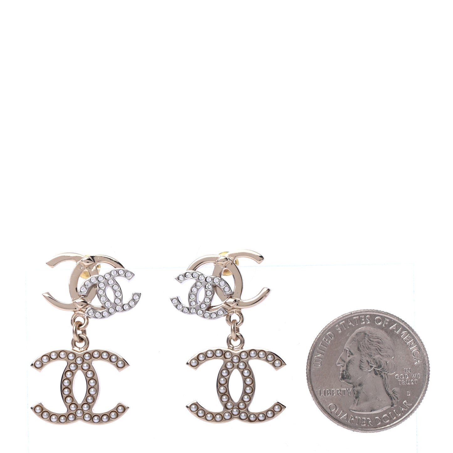 Crystal Pearl Double CC Drop Earrings Gold Silver