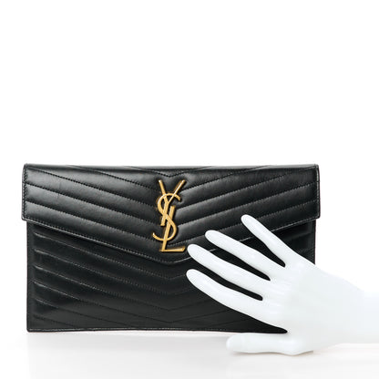 Saint Laurent Calfskin Matelasse Chevron Monogram Uptown Clutch Black 2 of 10