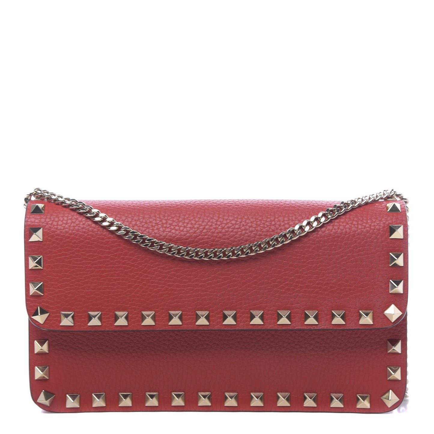 Pebbled Calfskin Rockstud Flap Wallet On Chain Rouge Pur